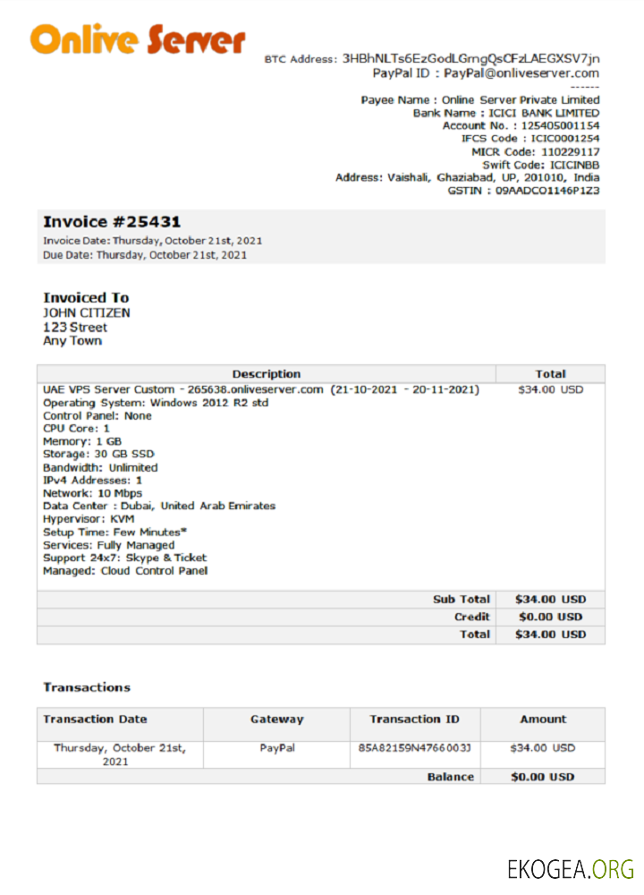 Facture de la société India Online Server